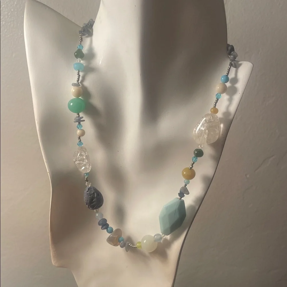 Asymmetrical Multi-Stone Natural Beaded Necklace - blue 💙 green 💚‎
